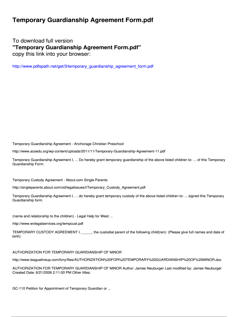 &quot;Temporary Guardianship Agreement Form Preview on Page 1