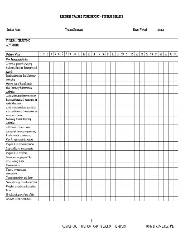 Fillable Online RESIDENT TRAINEE WORK REPORT FUNERAL SERVICE Fax Email Print pdfFiller