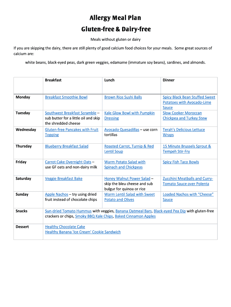 Fillable Online Allergy Meal Plan Fax Email Print pdfFiller