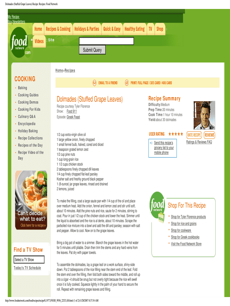 Fillable Online Dolmades (Stuffed Grape Leaves) Recipe Recipes Food