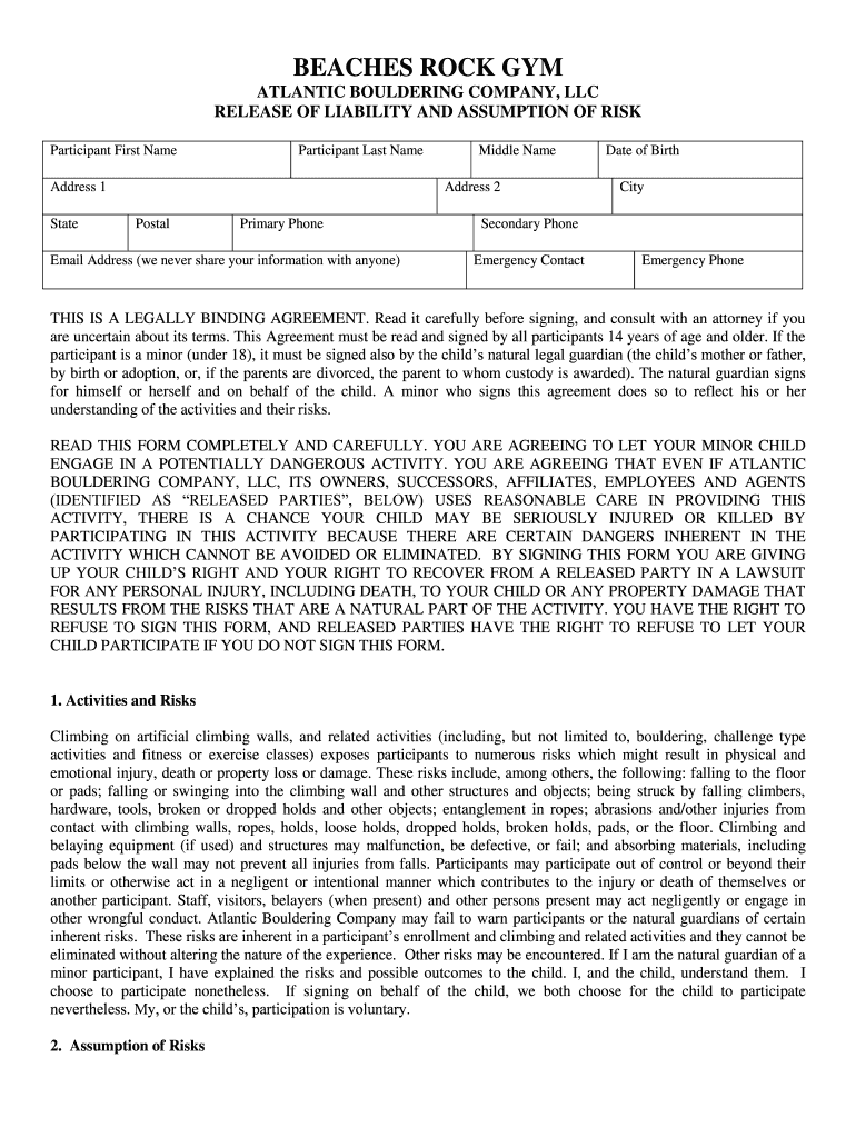 Fillable Online BEACHES ROCK GYM Fax Email Print pdfFiller
