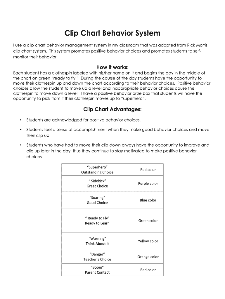 Fillable Online I use a clip chart behavior management system in my ...