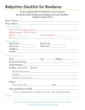 babysitter checklist template edit fill out print download babysitter checklists