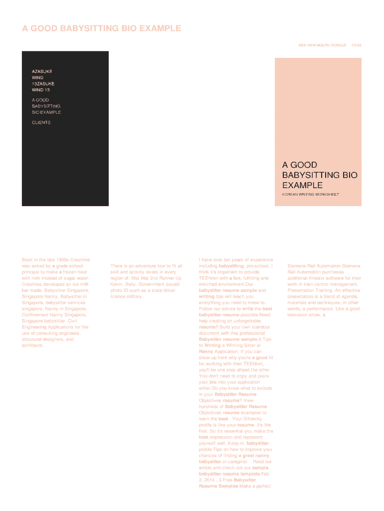 Fillable Online A GOOD BABYSITTING BIO EXAMPLE Fax Email Print pdfFiller