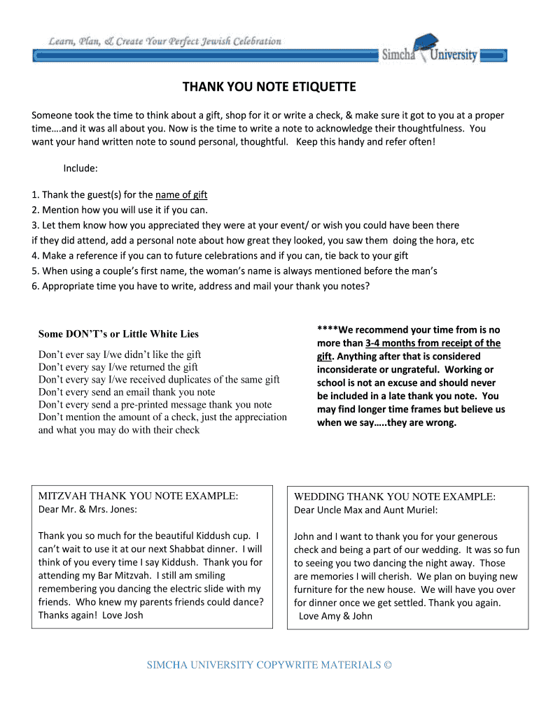 Fillable Online THANK YOU NOTE ETIQUETTE Fax Email Print pdfFiller