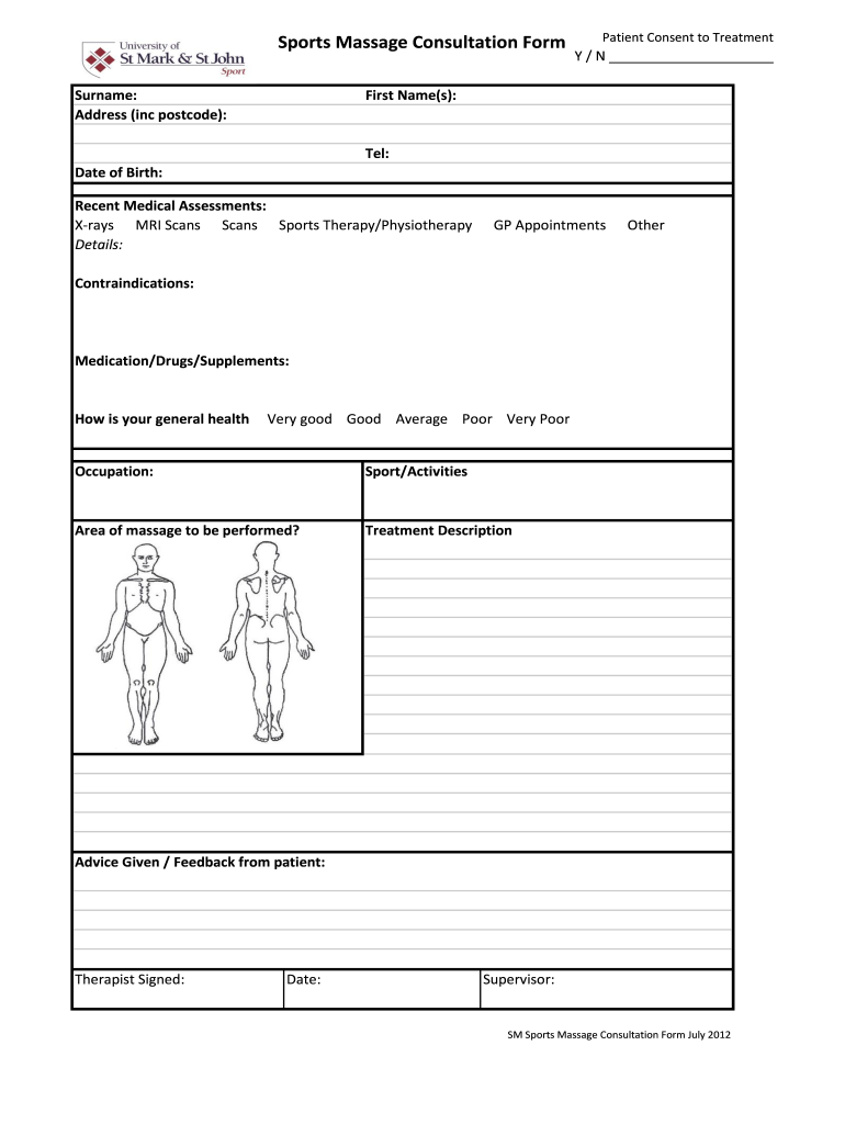 sports massage consultation form Preview on Page 1