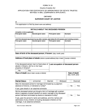 APPLICATION FOR CERTIFICATE OF APPOINTMENT OF ESTATE TRUSTEE