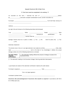 Sample Electronic Bill of Sale Doc Template | pdfFiller