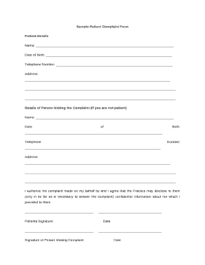 Sample Patient Complaint Form