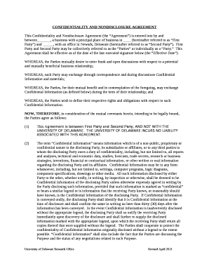 This Confidentiality and Nondisclosure Agreement (the Agreement) is entered into by and between, a business with a principal place of business in (hereinafter referred to as First Party) and, with an office in Newark, Delaware (hereinafter