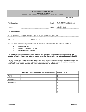 CERTIFICATION FORM TO SET PRE-TRIAL AND TRIAL DATES