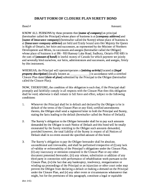 DRAFT FORM OF CLOSURE PLAN SURETY BOND