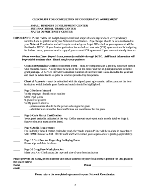 CHECKLIST FOR COMPLETION OF COOPERATIVE AGREEMENT