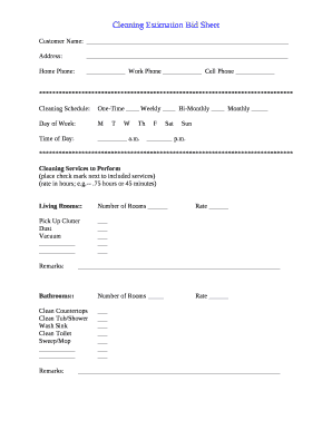 Cleaning Estimation Bid Sheet