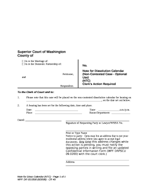 Note for Dissolution Calendar (Non-Contested Case - Optional Use)