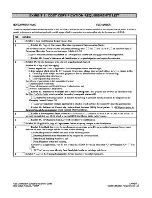 EXHIBIT 1: COST CERTIFICATION REQUIREMENTS LIST