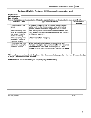 Participant Eligibility Worksheet (HUD Homeless Documentation form)