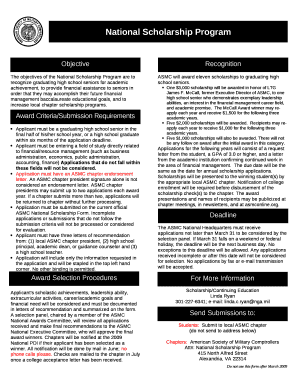 The objectives of the National Scholarship Program are to recognize graduating high school seniors for academic achievement, to provide financial assistance to seniors in order that they may accomplish their future financial management