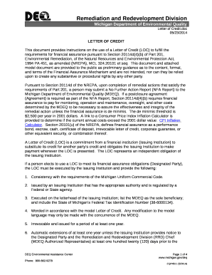 This document provides instructions on the use of a Letter of Credit (LOC) to fulfill the requirements for financial assurance pursuant to Section 20114d(4)(b) of Part201, Environmental Remediation, of the Natural Resources and