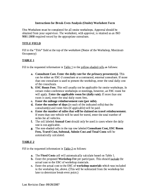 Instructions for Break-Even Analysis (Onsite) Worksheet Form
