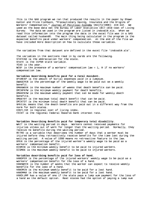 This is the SAS program we ran that produced the results in the paper by Shawn Kantor and Price Fishback, Precautionary Saving, Insurance and the Origins of Workers Compensation, Journal of Political Economy 104(2)(1996): 419-442