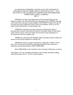 AN ORDINANCE AMENDING CHAPTER 155 OF THE TOWNSHIP OF WOOLWICH CODE BY ADDING ARTICLE III SECTIONS 155-27 155-37, RELATING TO THE DIVERSION OF CONSTRUCTION AND DEMOLITION DEBRIS FROM LANDFILL DISPOSAL