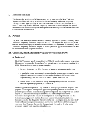 This Request for Applications (RFA) represents one of many steps the New York State Department of Health is taking to achieve its vision of reducing adolescent pregnancy