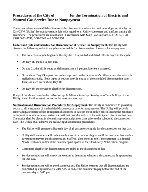 Procedures of the City of for the Termination of Electric and Natural Gas Service Due to Nonpayment