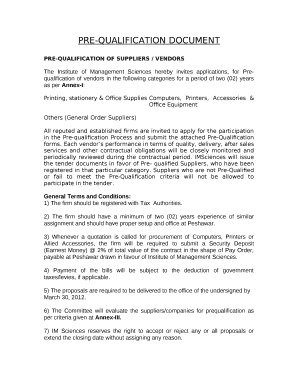 PRE-QUALIFICATION OF SUPPLIERS / VENDORS