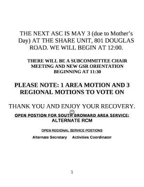 THE NEXT ASC IS MAY 3 (due to Mothers Day) AT THE SHARE UNIT, 801 DOUGLAS ROAD