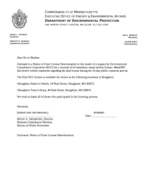 Enclosed is a Notice of Final License Determination in the matter of a request by Environmental Compliance Corporation (ECC) for a renewal of its hazardous waste facility license