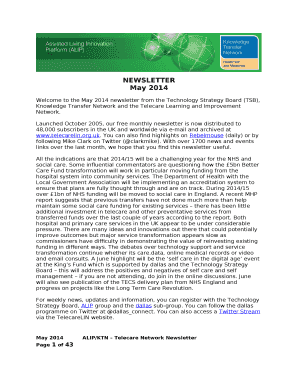 Welcome to the May 2014 newsletter from the Technology Strategy Board (TSB), Knowledge Transfer Network and the Telecare Learning and Improvement Network