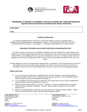 Notification of intention to establish a branch in another EEA state (excluding the Payment Services Directive and Electronic Money Directive)