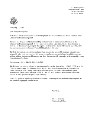 SUBJECT:Solicitation Number SKS700-12-Q-0032, Renovation of Embassy Postal Facilities at the Chancery and Annex compound