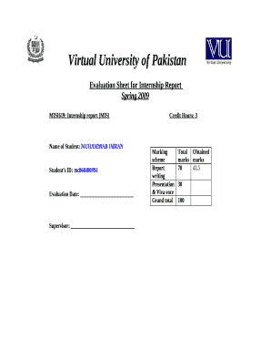 Evaluation Sheet for Internship Report