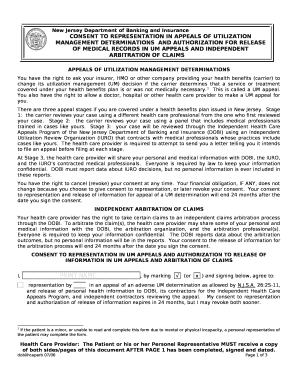 CONSENT TO REPRESENTATION IN APPEALS OF UTILIZATION MANAGEMENT DETERMINATIONSAND AUTHORIZATION FOR RELEASE OF MEDICAL RECORDS IN UM APPEALS AND INDEPENDENT ARBITRATION OF CLAIMS