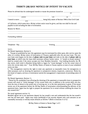 THIRTY (30) DAY NOTICE OF INTENT TO VACATE Doc Template pdfFiller THIRTY (30) DAY NOTICE OF INTENT TO VACATE Doc Template pdfFiller