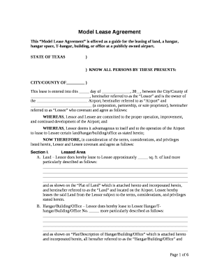 This Model Lease Agreement is offered as a guide for the leasing of land, a hangar, hangar space, T-hangar, building, or office at a publicly owned airport