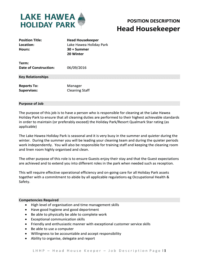 Fillable Online Head Housekeeper Fax Email Print - pdfFiller