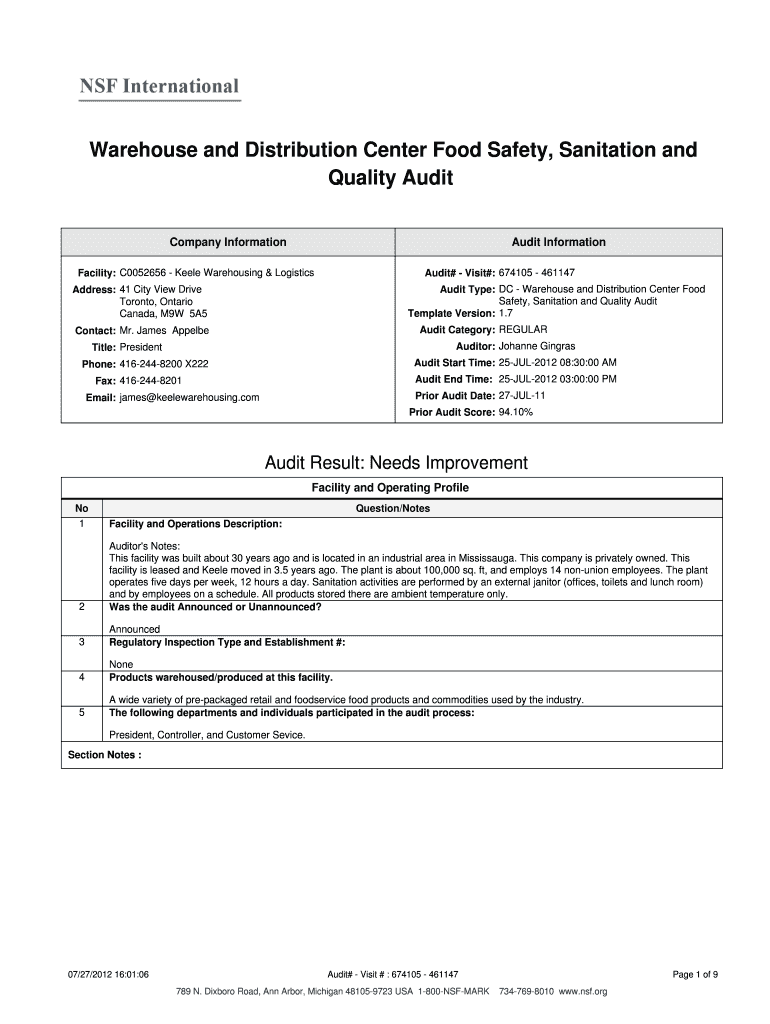 Fillable Online Warehouse and Distribution Center Food Safety