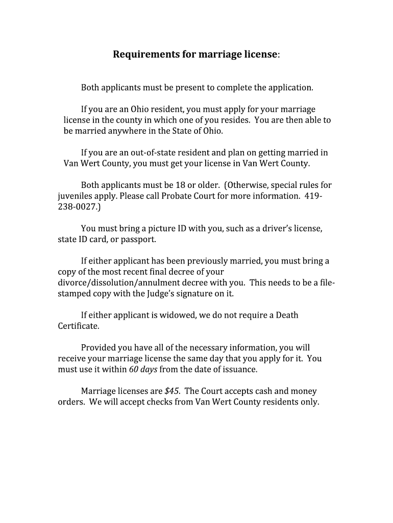 Fillable Online Requirements for marriage license Fax Email Print