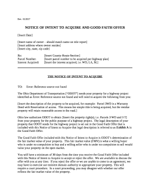 NOTICE OF INTENT TO ACQUIRE AND GOOD FAITH OFFER