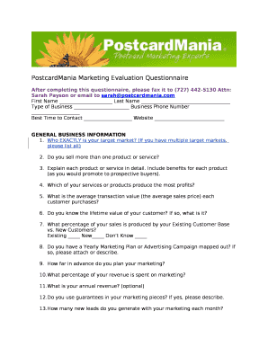 PostcardMania Marketing Evaluation Questionnaire