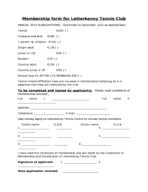 Membership form for Letterkenny Tennis Club