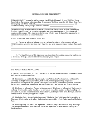 THIS AGREEMENT is made by and between the Naval Medical Research Center (NMRC), a United States Federal Government Laboratory of the Department of the Navy, located at 503 Robert Grant Ave