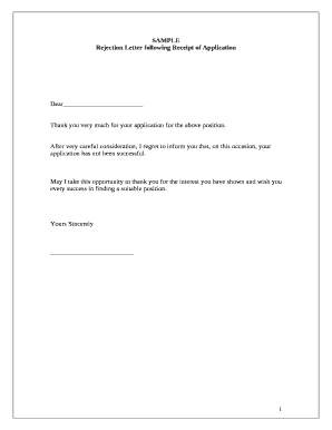 Rejection Letter following Receipt of Application