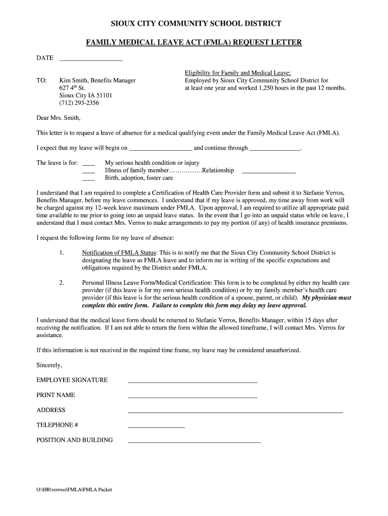 Fillable Online FAMILY MEDICAL LEAVE ACT (FMLA) REQUEST LETTER Fax Fillable Online FAMILY MEDICAL LEAVE ACT (FMLA) REQUEST LETTER Fax