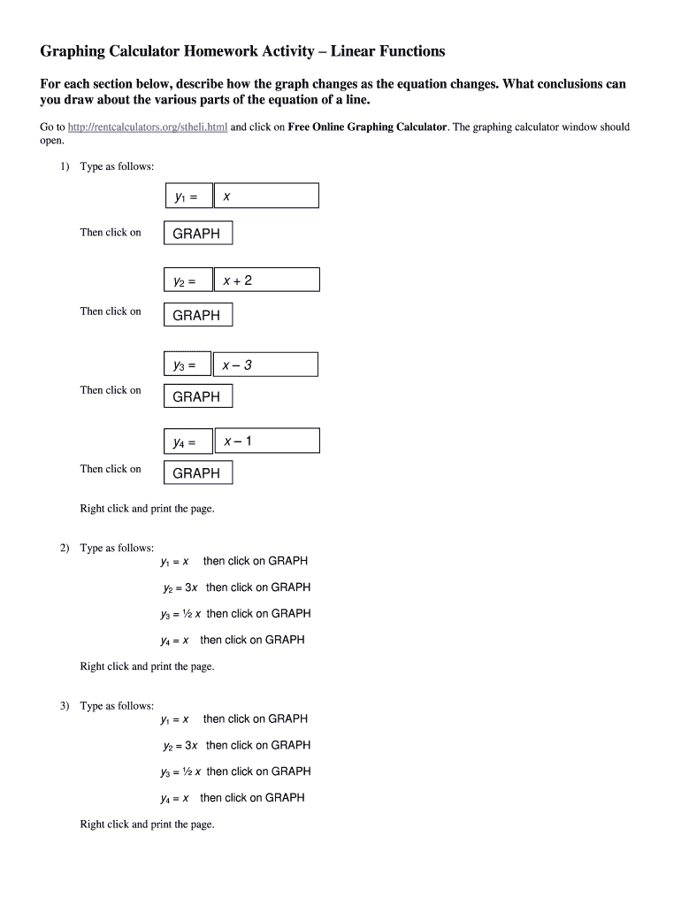 Fillable Online Graphing Calculator Homework Activity Linear Functions