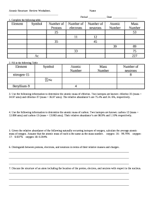 Atomic StructureReview Worksheet