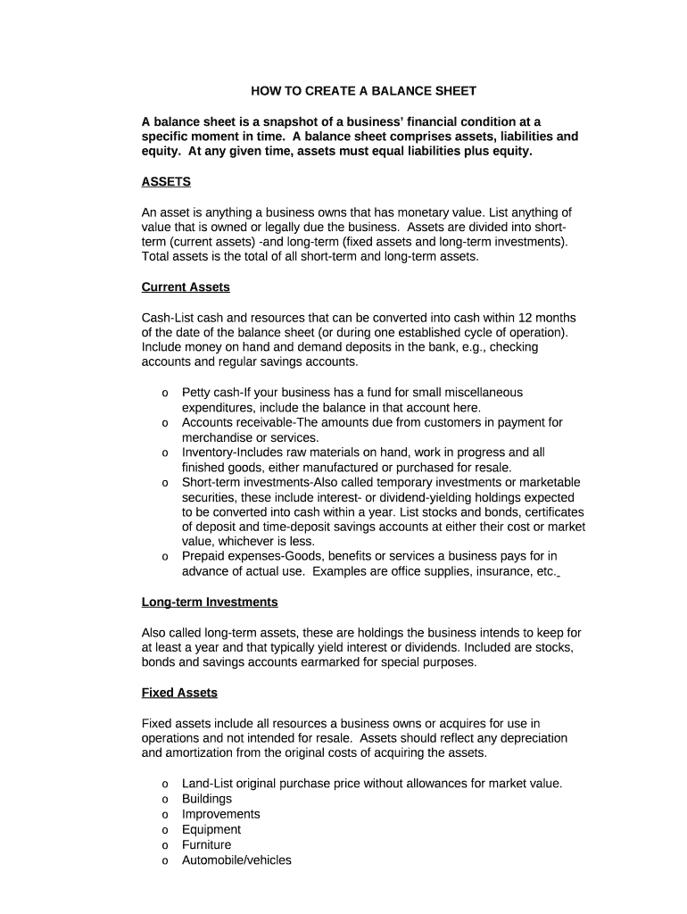 HOW TO CREATE A BALANCE SHEET Doc Template pdfFiller